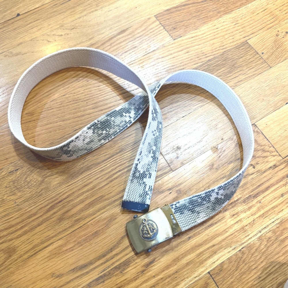 Merit Vintage Web Belt Solid Brass Anchor Buckle Made in USA Grey Camo Canvas